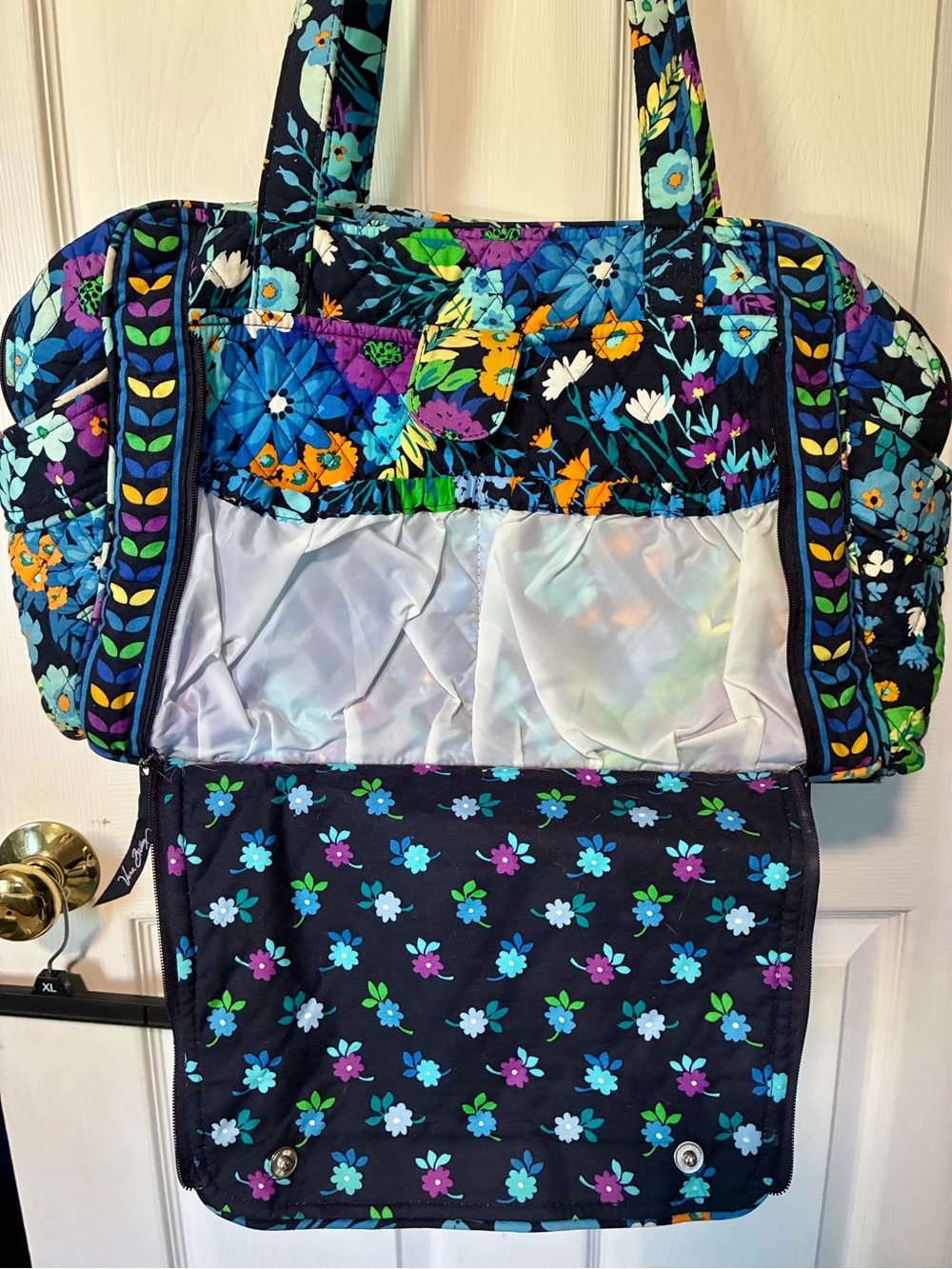 Vera Bradley Navy Quilted Floral Diaper Bag with Aqua & Orange Accents - Picture 4 of 8